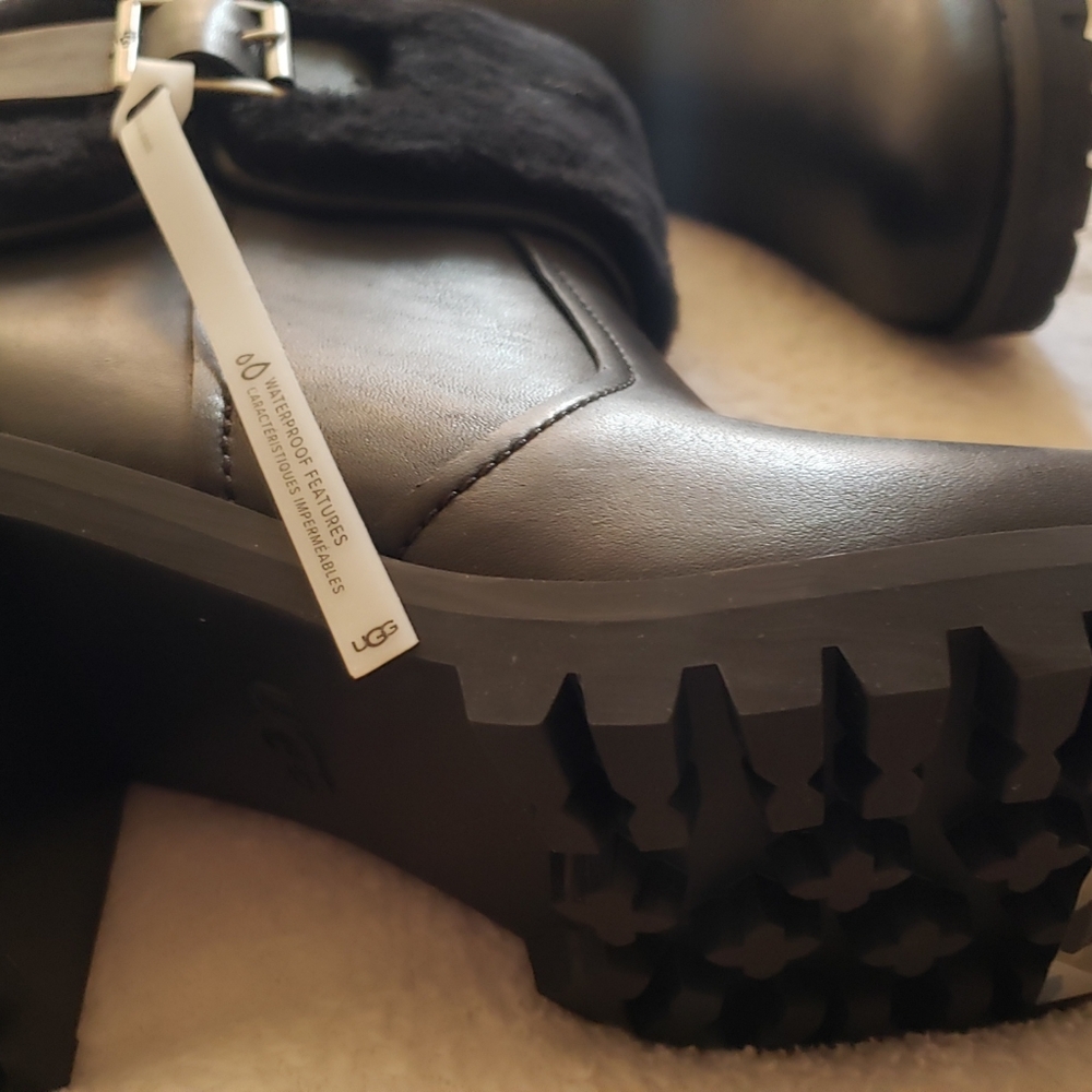 Uggs Black Leather with heel and fur 6.5